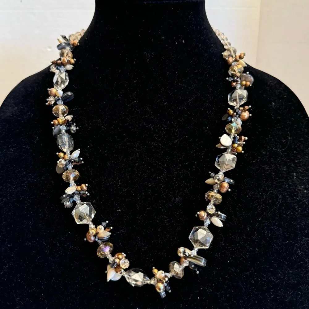 925 Sterling Silver Aurora Borealis Vintage Necklace Pearl Shells Crystals 25